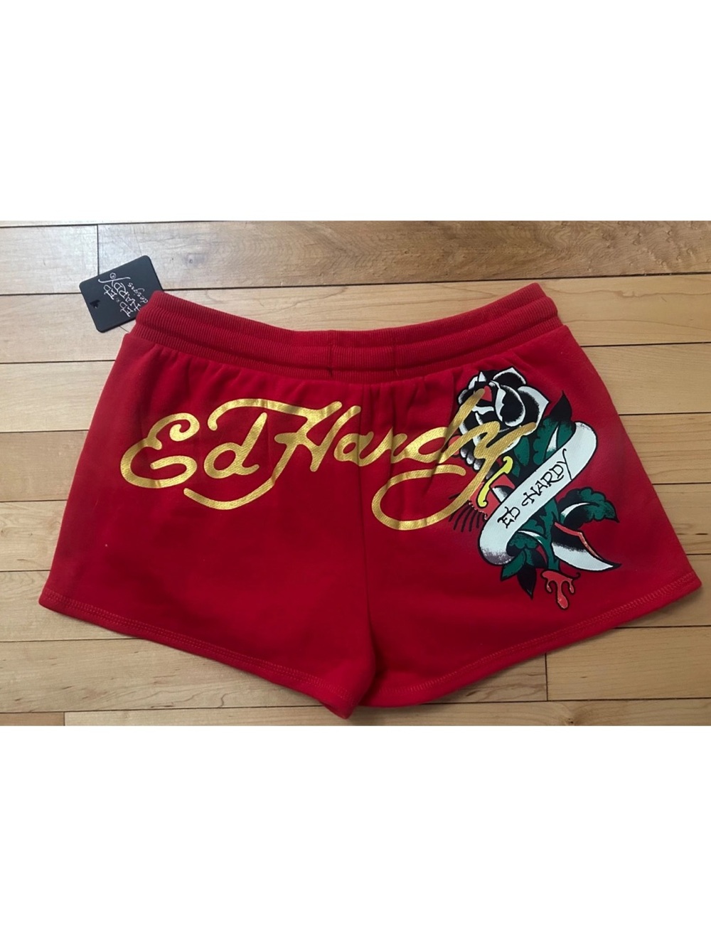 NEW! ED HARDY Tattoo Rose Logo Fleece Shorts in Cherry Red Size S